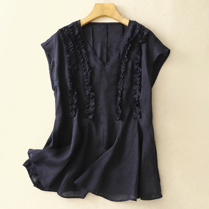 Buddha Stones Camiseta sin mangas de verano informal para mujer con cuello en V, volantes verticales y pliegues. - image 9