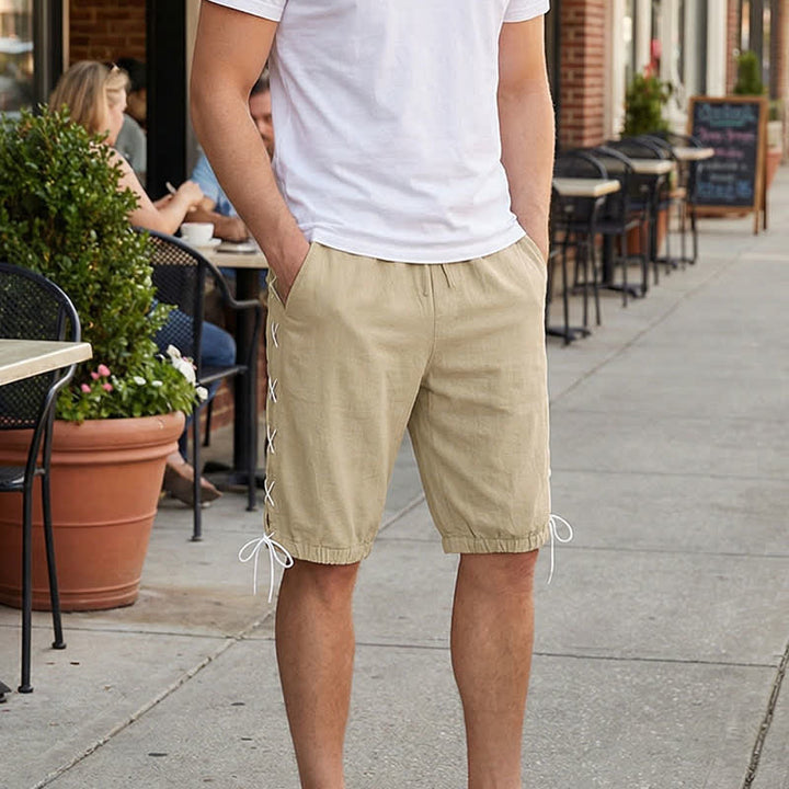 Pantalones cortos tipo bermudas Buddha Stones de verano con cordón ajustable y abertura lateral, color liso, para hombre, con bolsillos. - image 3