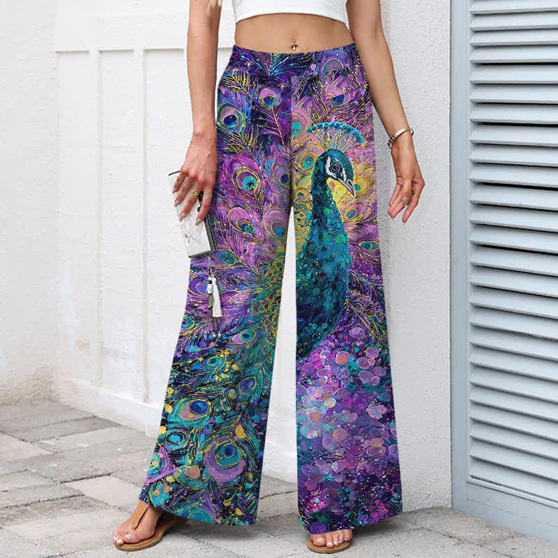 Buddha Stones Pantalones de mujer de algodón y lino con estampado de plumas de pavo real, cintura elástica y pernera ancha con bolsillos. - image 1