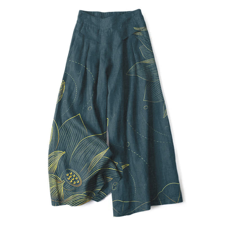 Buddha Stones Pantalones de mujer de algodón y lino con estampado de loto y pernera ancha, cintura elástica y bolsillos. - Verde azulado - US16，UK/AU20，EU48 (3XL) - image 0