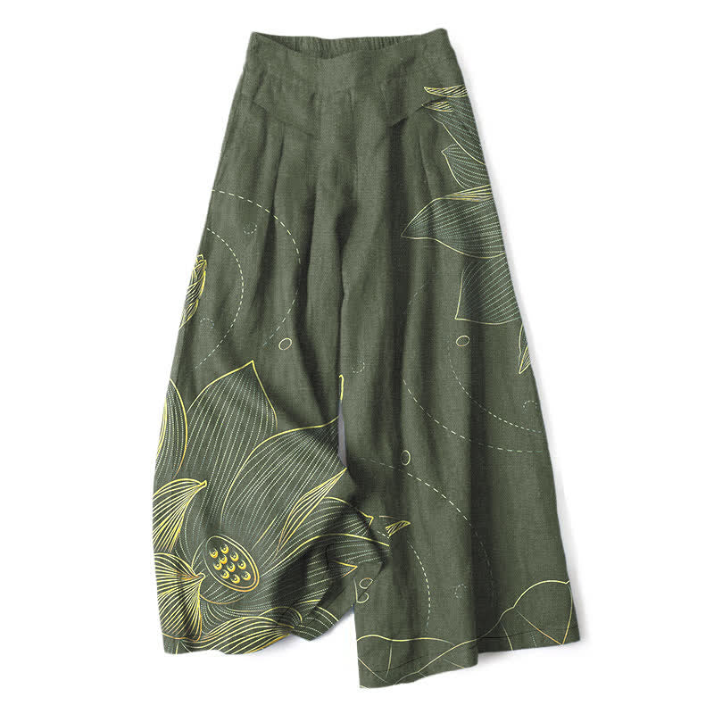 Buddha Stones Pantalones de mujer de algodón y lino con estampado de loto y pernera ancha, cintura elástica y bolsillos. - Verde oliva oscuro - US16，UK/AU20，EU48 (3XL) - image 4