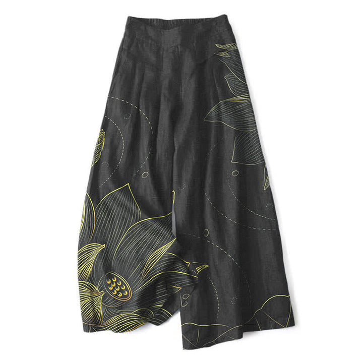 Buddha Stones Pantalones de mujer de algodón y lino con estampado de loto y pernera ancha, cintura elástica y bolsillos. - Negro - US16，UK/AU20，EU48 (3XL) - image 6