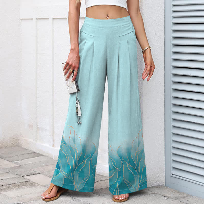 Buddha Stones Pantalones de mujer de algodón y lino con estampado degradado de hojas, cintura elástica y pernera ancha con bolsillos. - image 1