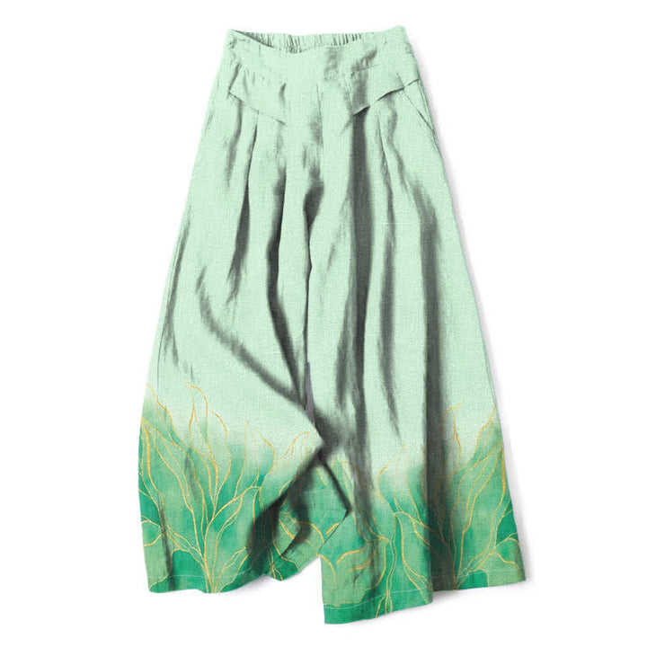 Buddha Stones Pantalones de mujer de algodón y lino con estampado degradado de hojas, cintura elástica y pernera ancha con bolsillos. - Verde pálido - US16，UK/AU20，EU48 (3XL) - image 4