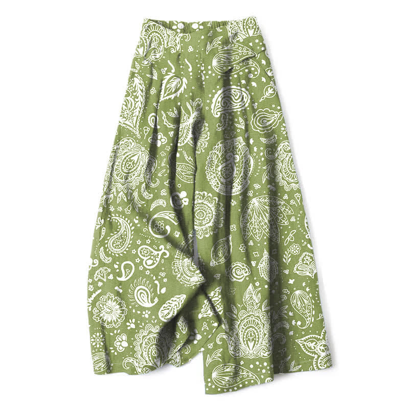 Buddha Stones Pantalones de mujer de algodón y lino con estampado paisley en color oliva, cintura elástica y pernera ancha con bolsillos. - Verde oliva - US16，UK/AU20，EU48 (3XL) - image 0