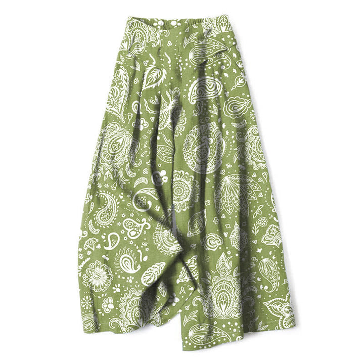 Buddha Stones Pantalones de mujer de algodón y lino con estampado paisley en color oliva, cintura elástica y pernera ancha con bolsillos. - Verde oliva - US16，UK/AU20，EU48 (3XL) - image 0