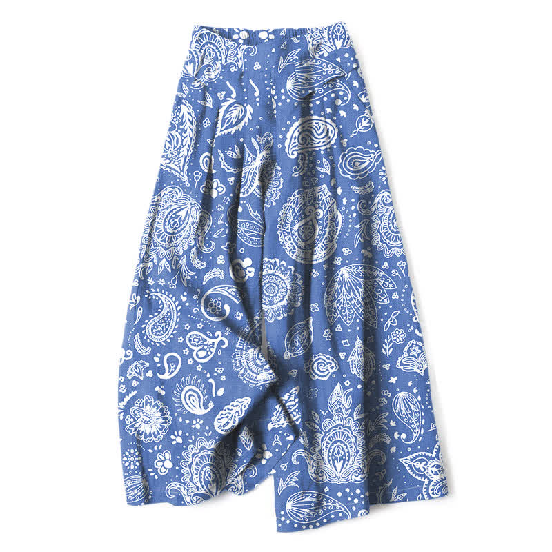 Buddha Stones Pantalones de mujer de algodón y lino con estampado paisley en color oliva, cintura elástica y pernera ancha con bolsillos. - Azul aciano - US16，UK/AU20，EU48 (3XL) - image 4