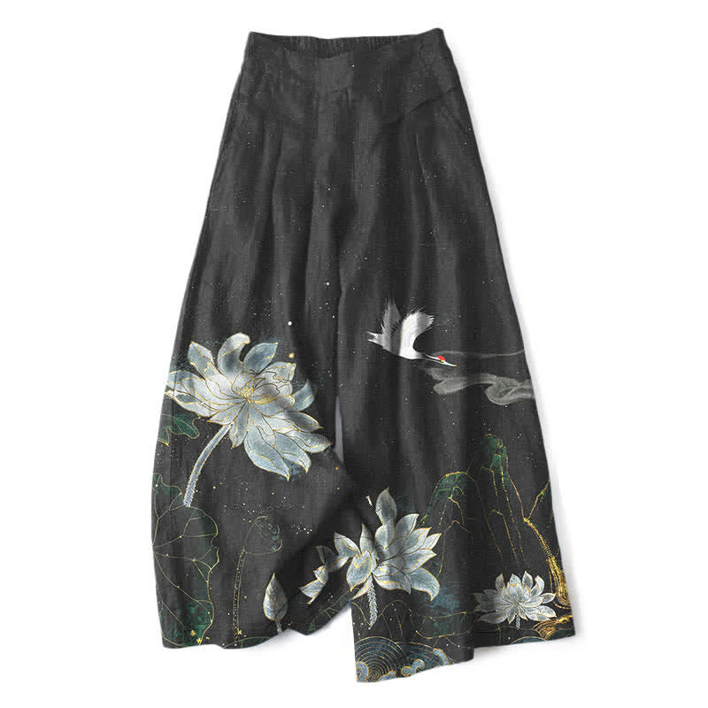 Buddha Stones Pantalones de mujer de algodón y lino con estampado de loto y grulla, cintura elástica, pernera ancha y bolsillos. - Negro - US16，UK/AU20，EU48 (3XL) - image 0