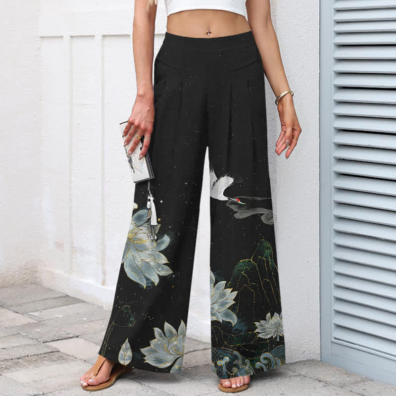 Buddha Stones Pantalones de mujer de algodón y lino con estampado de loto y grulla, cintura elástica, pernera ancha y bolsillos. - image 1