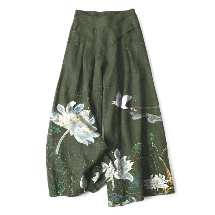 Buddha Stones Pantalones de mujer de algodón y lino con estampado de loto y grulla, cintura elástica, pernera ancha y bolsillos. - Verde oliva oscuro - US16，UK/AU20，EU48 (3XL) - image 4