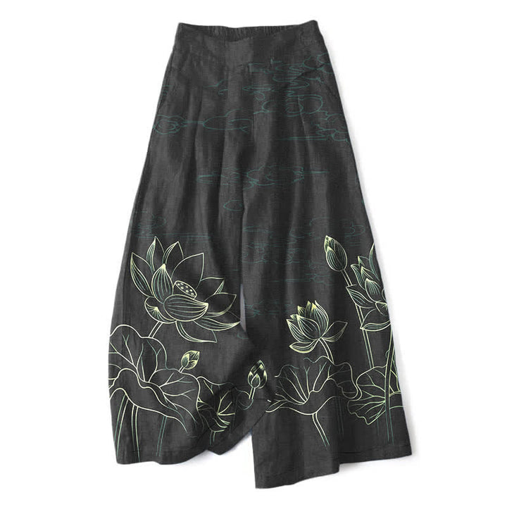 Buddha Stones Pantalones de mujer de algodón y lino con estampado de loto y pernera ancha, cintura elástica y bolsillos. - Negro - US16，UK/AU20，EU48 (3XL) - image 4