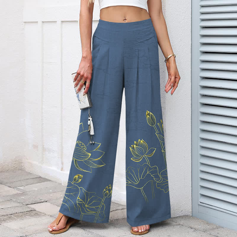 Buddha Stones Pantalones de mujer de algodón y lino con estampado de loto y pernera ancha, cintura elástica y bolsillos. - image 7