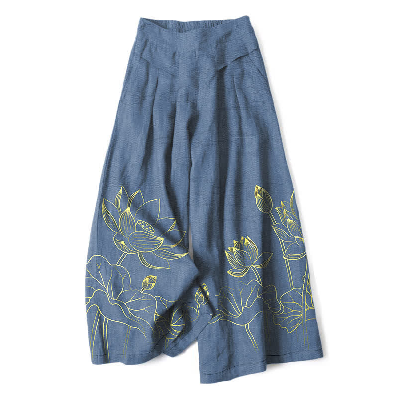 Buddha Stones Pantalones de mujer de algodón y lino con estampado de loto y pernera ancha, cintura elástica y bolsillos. - Azul acero - US16，UK/AU20，EU48 (3XL) - image 6