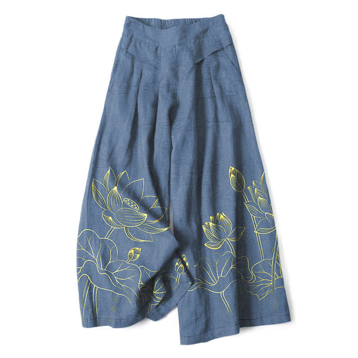 Buddha Stones Pantalones de mujer de algodón y lino con estampado de loto y pernera ancha, cintura elástica y bolsillos. - Azul acero - US16，UK/AU20，EU48 (3XL) - image 6