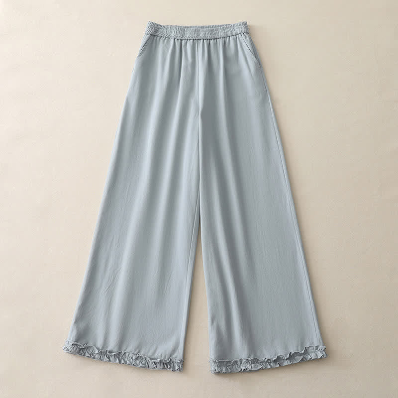 Buddha Stones Pantalones de mujer de pierna ancha con volantes en el bajo, de algodón liso, estilo casual de primavera, con bolsillos. - image 1