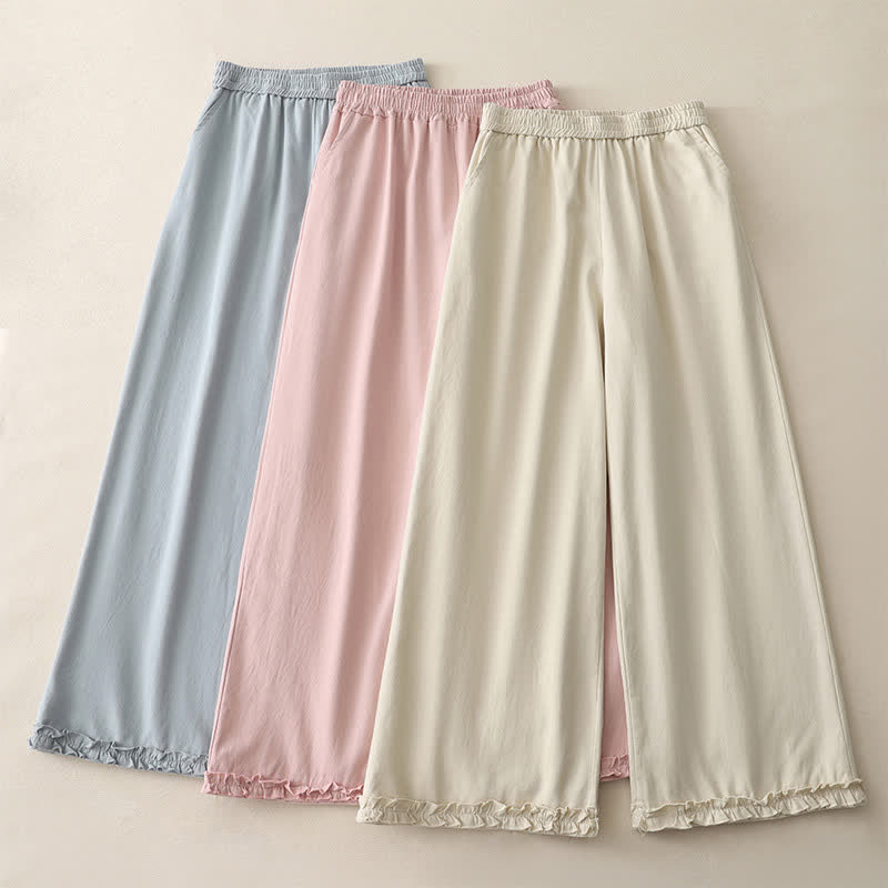 Buddha Stones Pantalones de mujer de pierna ancha con volantes en el bajo, de algodón liso, estilo casual de primavera, con bolsillos. - image 0