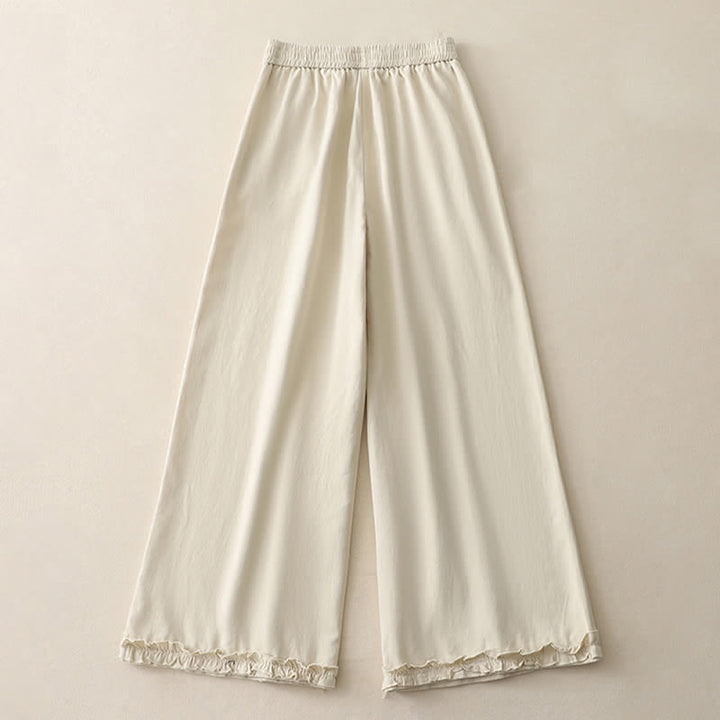 Buddha Stones Pantalones de mujer de pierna ancha con volantes en el bajo, de algodón liso, estilo casual de primavera, con bolsillos. - image 6