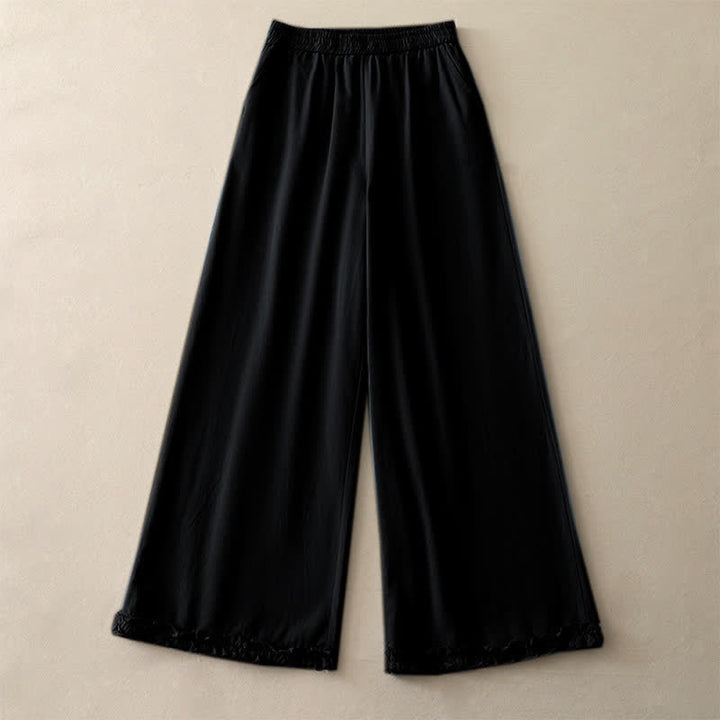 Buddha Stones Pantalones de mujer de pierna ancha con volantes en el bajo, de algodón liso, estilo casual de primavera, con bolsillos. - image 19