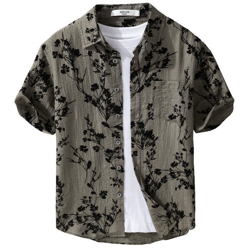 Buddha Stones Camisa de manga corta para hombre, estilo casual de verano, con botones y estampado floral. Bolsillo decorativo. - image 1