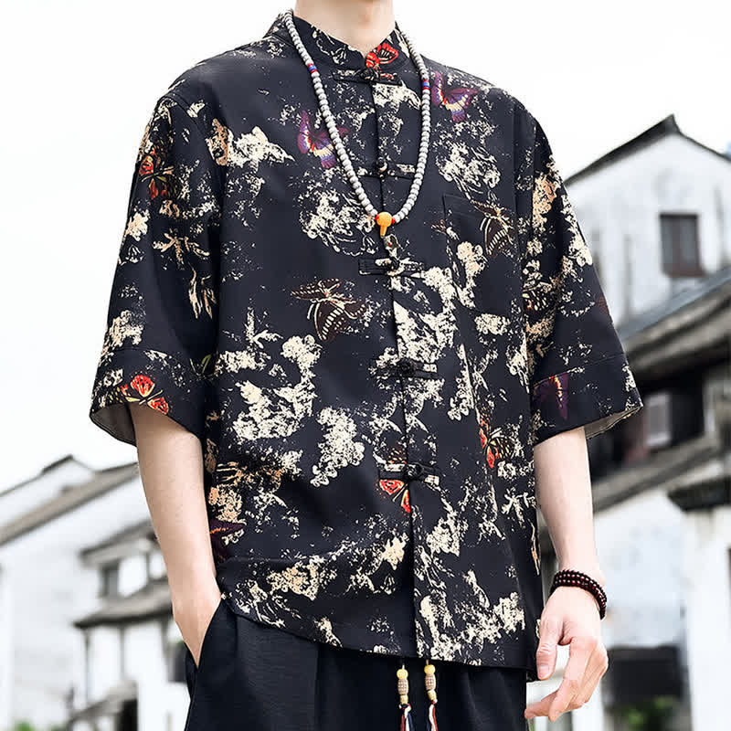 Buddha Stones Camisa de manga tres cuartos para hombre con estampado floral, de mariposas y botones de rana, estilo Summer Tang, con bolsillo en el pecho. - image 5