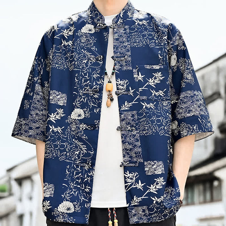 Buddha Stones Camisa de manga tres cuartos para hombre con estampado floral, de mariposas y botones de rana, estilo Summer Tang, con bolsillo en el pecho. - image 7