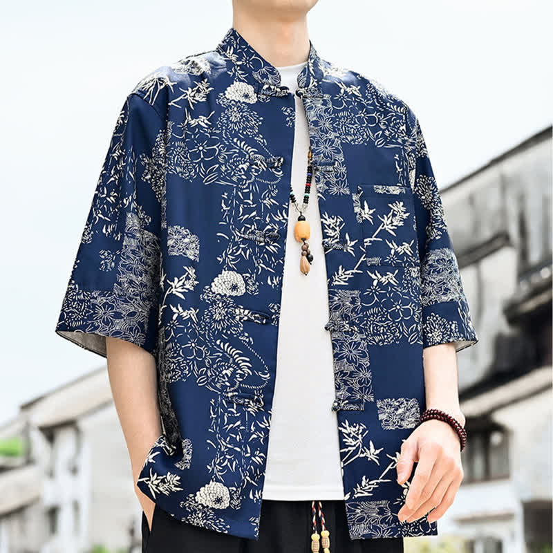 Buddha Stones Camisa de manga tres cuartos para hombre con estampado floral, de mariposas y botones de rana, estilo Summer Tang, con bolsillo en el pecho. - image 12