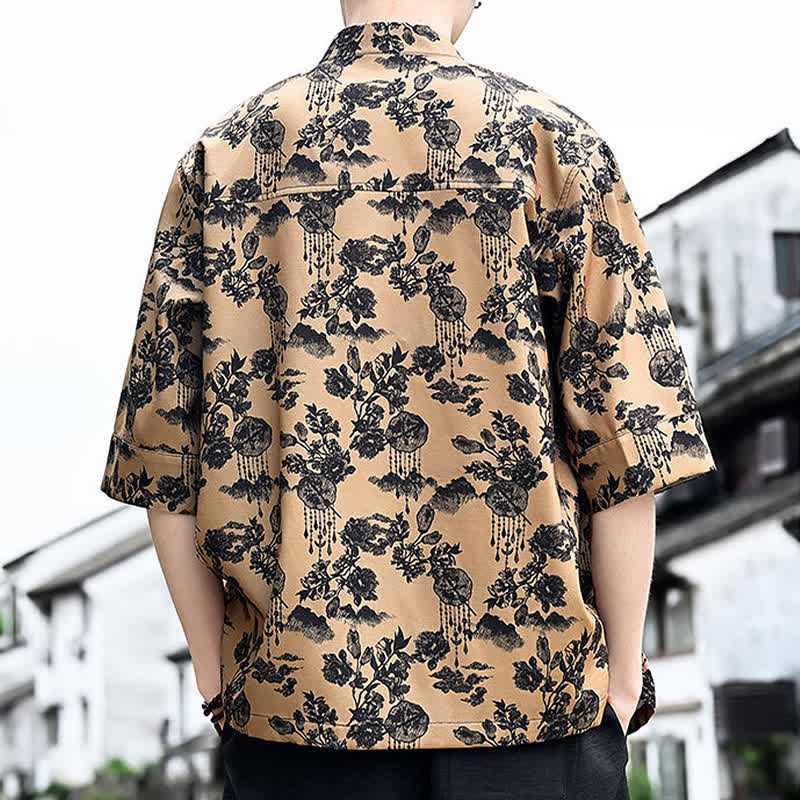 Buddha Stones Camisa de manga tres cuartos para hombre con estampado floral, de mariposas y botones de rana, estilo Summer Tang, con bolsillo en el pecho. - image 14