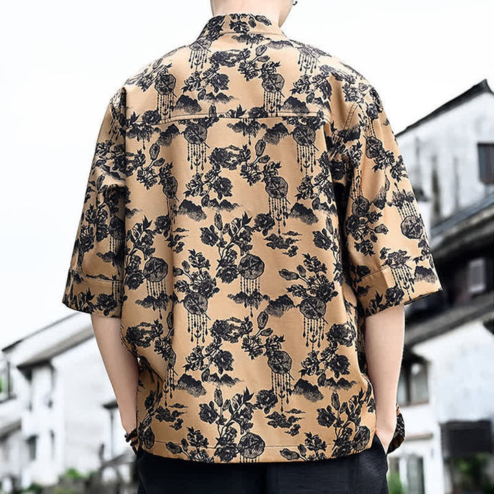 Buddha Stones Camisa de manga tres cuartos para hombre con estampado floral, de mariposas y botones de rana, estilo Summer Tang, con bolsillo en el pecho. - image 14