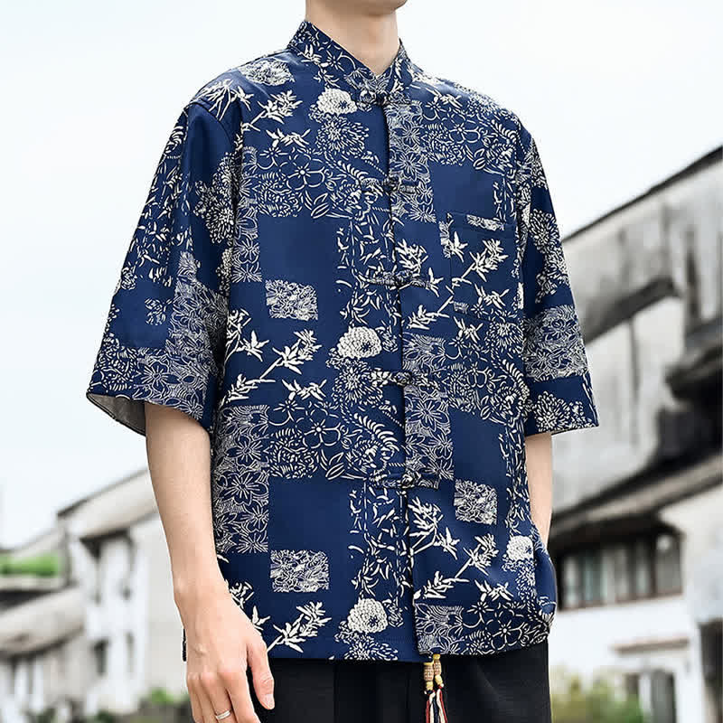 Buddha Stones Camisa de manga tres cuartos para hombre con estampado floral, de mariposas y botones de rana, estilo Summer Tang, con bolsillo en el pecho. - image 8