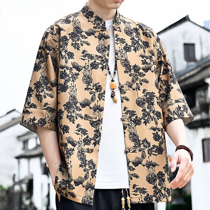 Buddha Stones Camisa de manga tres cuartos para hombre con estampado floral, de mariposas y botones de rana, estilo Summer Tang, con bolsillo en el pecho. - image 18
