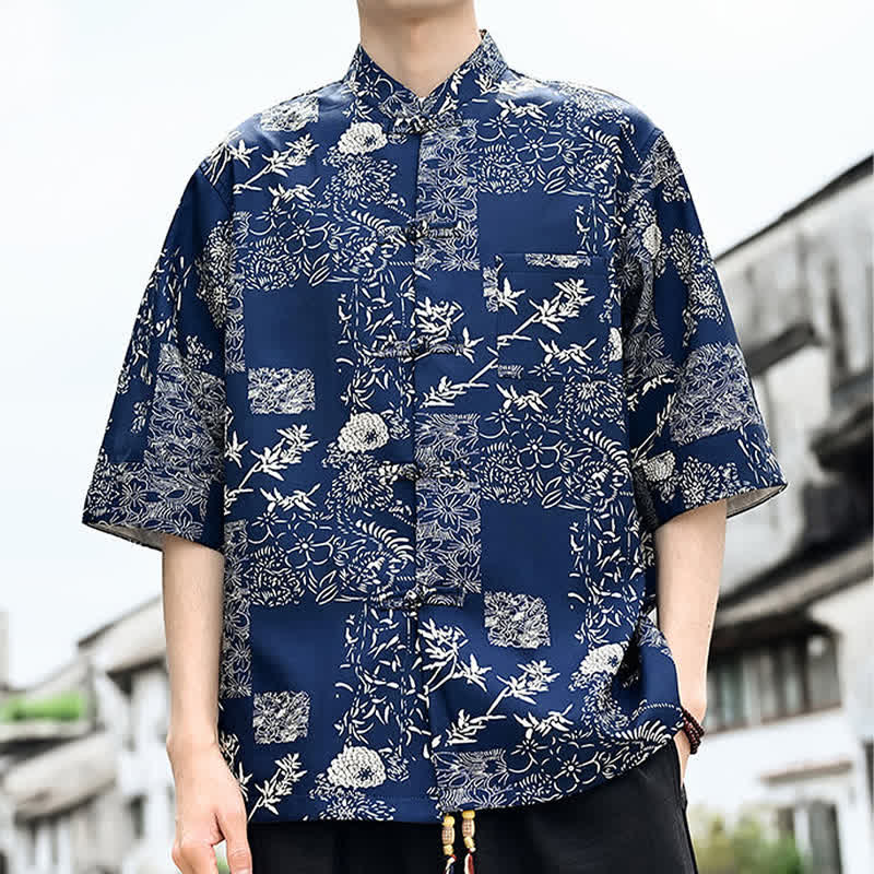 Buddha Stones Camisa de manga tres cuartos para hombre con estampado floral, de mariposas y botones de rana, estilo Summer Tang, con bolsillo en el pecho. - image 9