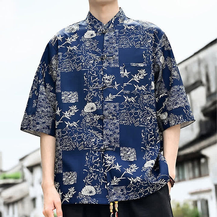 Buddha Stones Camisa de manga tres cuartos para hombre con estampado floral, de mariposas y botones de rana, estilo Summer Tang, con bolsillo en el pecho. - image 9