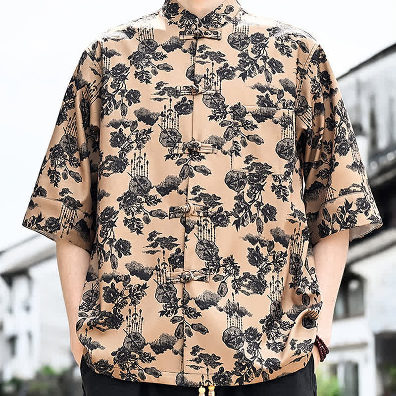 Buddha Stones Camisa de manga tres cuartos para hombre con estampado floral, de mariposas y botones de rana, estilo Summer Tang, con bolsillo en el pecho. - image 16