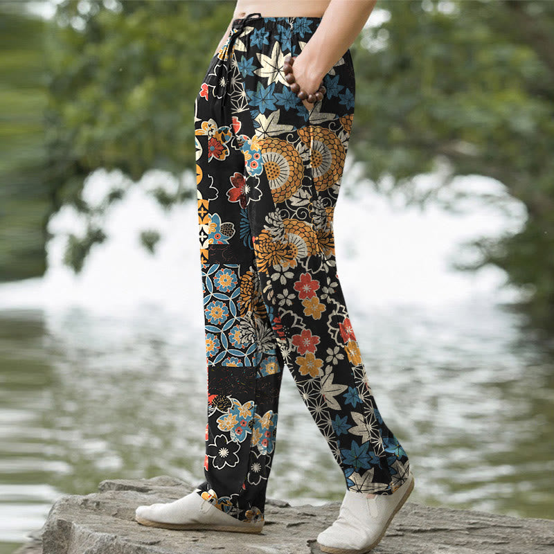 Buddha Stones Pantalones de hombre de algodón con estampado floral bohemio en patchwork, corte ajustado y bolsillos. - image 1