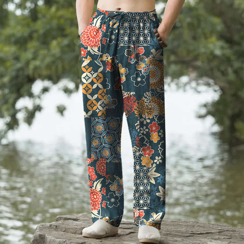 Buddha Stones Pantalones de hombre de algodón con estampado floral bohemio en patchwork, corte ajustado y bolsillos. - Verde azulado - US/UK/AU50, EU60 (5XL) - image 6