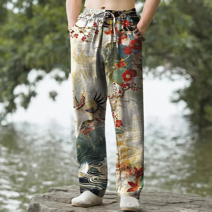Buddha Stones Pantalones de hombre de algodón blanco con estampado de grullas y olas, corte cónico y bolsillos. - Beige - US/UK/AU50, EU60 (5XL) - image 0