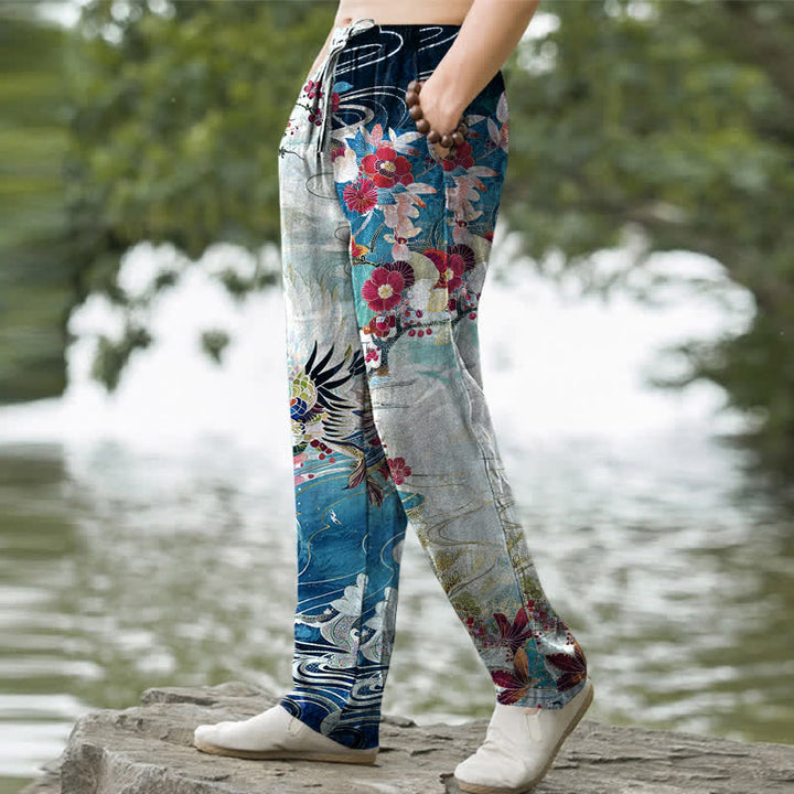 Buddha Stones Pantalones de hombre de algodón blanco con estampado de grullas y olas, corte cónico y bolsillos. - image 5