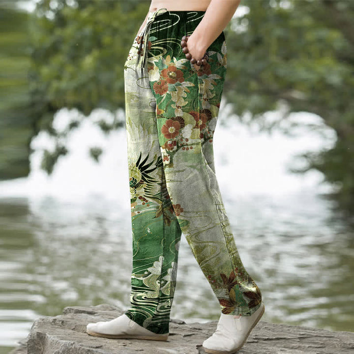 Buddha Stones Pantalones de hombre de algodón blanco con estampado de grullas y olas, corte cónico y bolsillos. - image 7