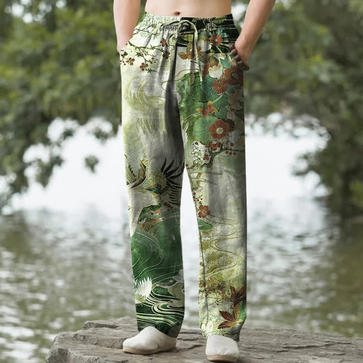 Buddha Stones Pantalones de hombre de algodón blanco con estampado de grullas y olas, corte cónico y bolsillos. - Verde bosque - US/UK/AU50, EU60 (5XL) - image 6