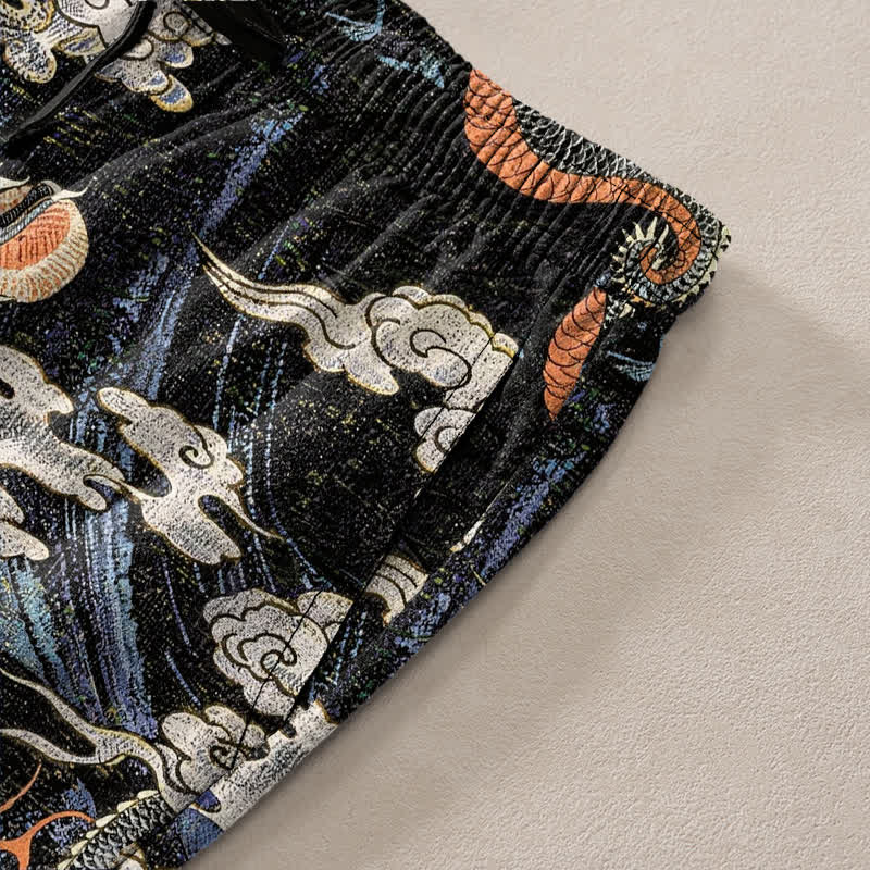 Buddha Stones Pantalones de hombre de algodón con estampado de nubes y dragones, corte ajustado y bolsillos. - image 3