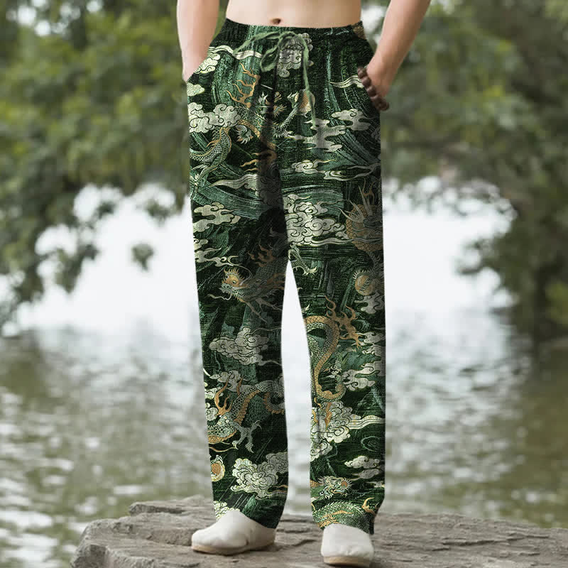 Buddha Stones Pantalones de hombre de algodón con estampado de nubes y dragones, corte ajustado y bolsillos. - Verde bosque - US/UK/AU50, EU60 (5XL) - image 6