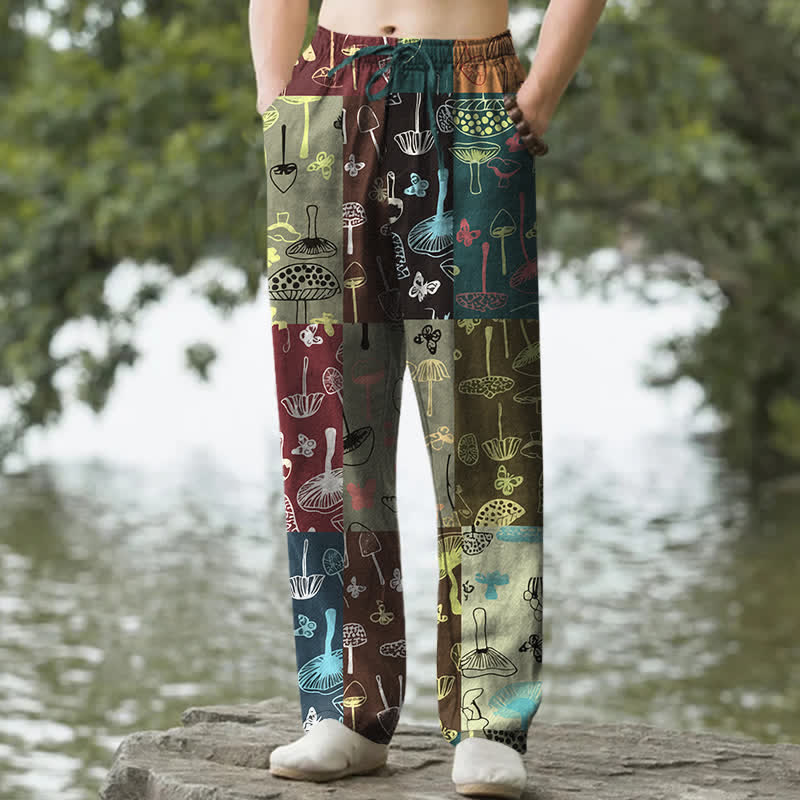 Buddha Stones Pantalones de hombre de algodón con estampado botánico de setas, corte cónico y bolsillos. - Verde oscuro - US/UK/AU50, EU60 (5XL) - image 0