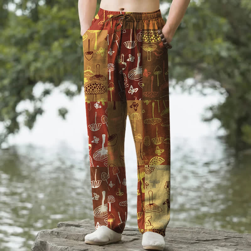 Buddha Stones Pantalones de hombre de algodón con estampado botánico de setas, corte cónico y bolsillos. - Tierra de siena - US/UK/AU50, EU60 (5XL) - image 4