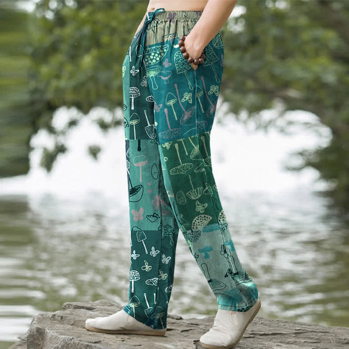 Buddha Stones Pantalones de hombre de algodón con estampado botánico de setas, corte cónico y bolsillos. - image 7
