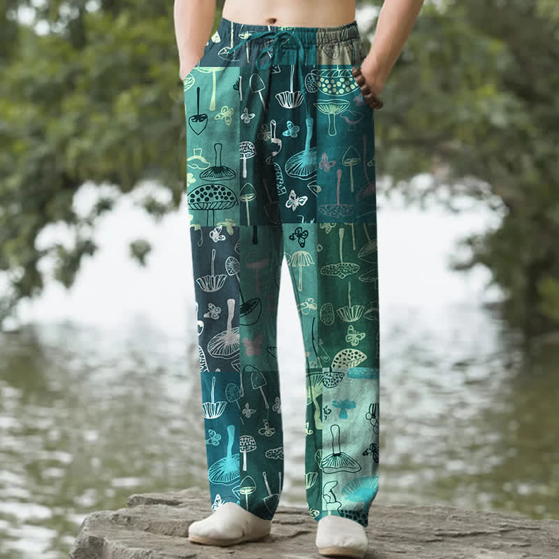 Buddha Stones Pantalones de hombre de algodón con estampado botánico de setas, corte cónico y bolsillos. - Verde azulado - US/UK/AU50, EU60 (5XL) - image 6