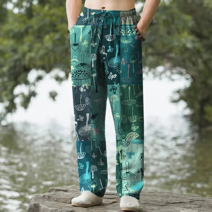 Buddha Stones Pantalones de hombre de algodón con estampado botánico de setas, corte cónico y bolsillos. - Verde azulado - US/UK/AU50, EU60 (5XL) - image 6