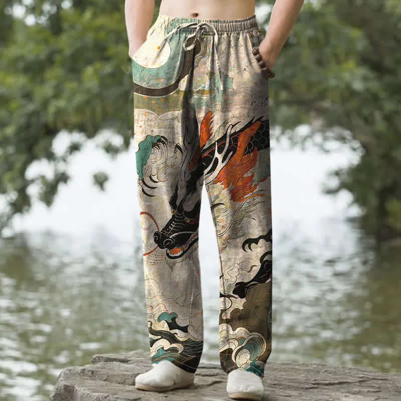 Buddha Stones Pantalones de hombre de algodón con estampado de olas y dragón oriental, corte cónico y bolsillos. - Beige - US/UK/AU50，EU60 (5XL) - image 0