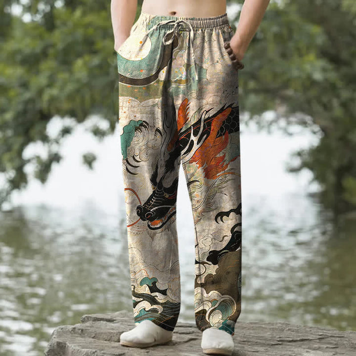 Buddha Stones Pantalones de hombre de algodón con estampado de olas y dragón oriental, corte cónico y bolsillos. - Beige - US/UK/AU50，EU60 (5XL) - image 0