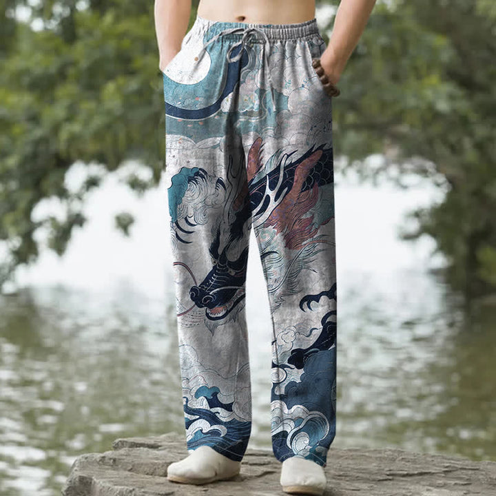 Buddha Stones Pantalones de hombre de algodón con estampado de olas y dragón oriental, corte cónico y bolsillos. - LightGrey - US/UK/AU50，EU60 (5XL) - image 4