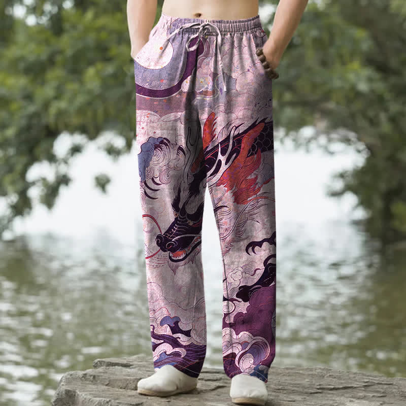 Buddha Stones Pantalones de hombre de algodón con estampado de olas y dragón oriental, corte cónico y bolsillos. - Plum - US/UK/AU50，EU60 (5XL) - image 6